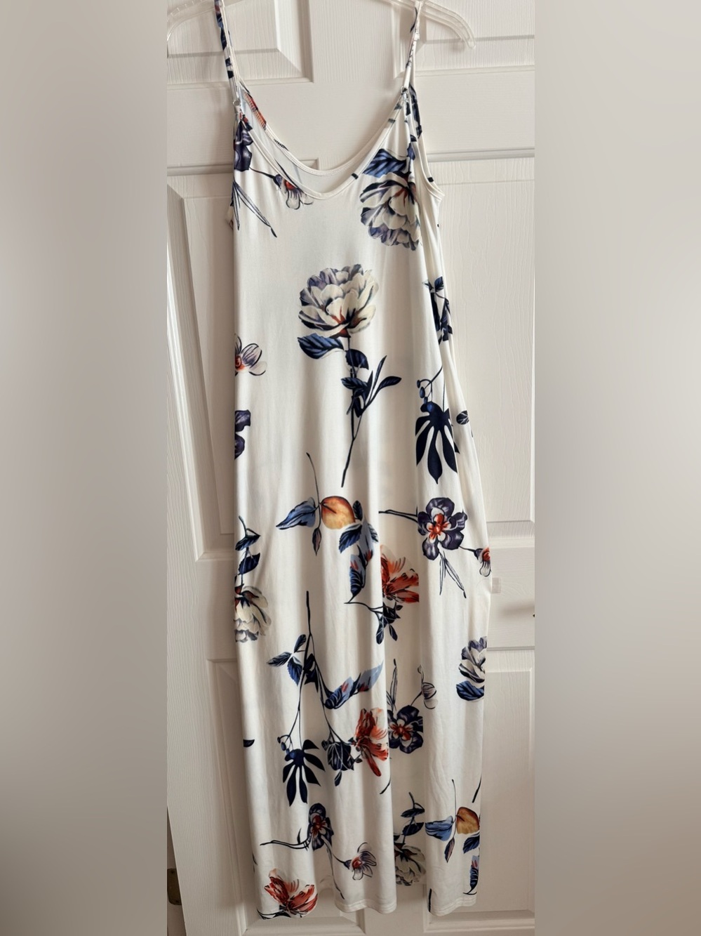 White Floral Sz Medium Maxi Dress with Navy and Peach Accents Very Comfortable